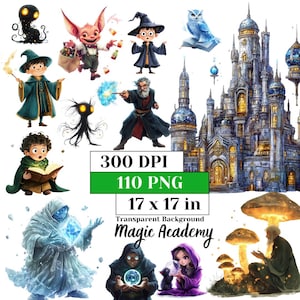 Cute Wizard School Clipart Bundle Watercolor Witch PNG Magic Academy ...