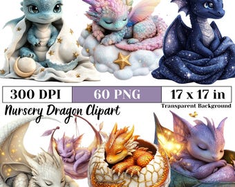Nursery Dragon Clipart Bundle, Cute Baby Dragon PNG, Fantasy Decor Graphics, Digital Download for Sublimation Kids Room Art, Commercial Use