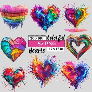Pacote de clipart de corações coloridos, coração vibrante, PNG, amor, fofo, arte digital, adesivos, sublimação, arte de parede, artesanato faça você mesmo, vestuário, papel, uso comercial