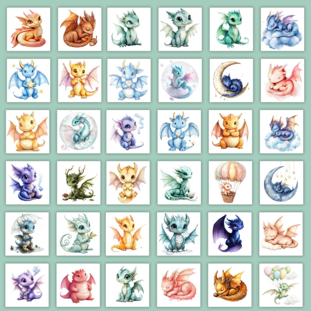 Watercolor Baby Dragon Clipart Bundle Cute Fantasy Dragon PNG for ...