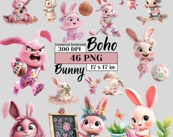 Pink Boho Bunny Clipart Baby Shower Rabbit Watercolor Baby Girl Nursery Art Cute Bunny Illustration Digital Download Sublimation Easter PNG