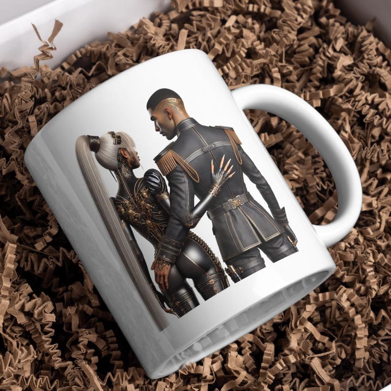 Puede incluir: Taza de cer&aacute;mica blanca con un gr&aacute;fico de una pareja en un entorno futurista. La mujer lleva un atuendo plateado y negro y el hombre lleva un uniforme militar negro y dorado.