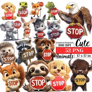 Niedliche schrullig lustige Baby-Tiere Clipart Aquarell wunderliche Stop-Schild PNG Spielerische Haustier Ausdrücke Sublimation Digitale Cartoon Haustier Grafiken
