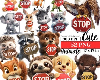 Cute Quirky Funny Baby Animals Clipart Watercolor Whimsical Stop Sign PNG Playful Pet Expressions Sublimation Digital Cartoon Pet Graphics