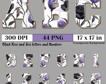 Watercolor Black Rose and Iris Alphabet PNG, Floral Letters Numbers, Elegant Dark Romantic Font, Digital Clipart for Sublimation Crafts