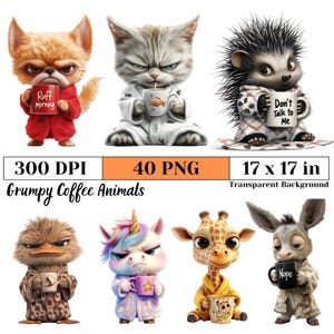 Grumpy Clipart Coffee Animals Bundle, Funny Angry Safari  Forest Pet PNGs for Sublimation, Greeting Cards, DIY Crafts, Commercial Use