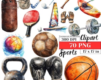 Watercolor Sports Clipart PNG Athletic Digital Art Competitive Game Sublimation Playful Hand Painted Trendy Active Hobby Digital Design