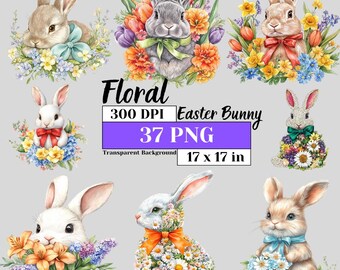 Söt kanin Clipart-paket akvarell påskhare PNG blommig kokett rosett flickigt vårdesign skjortor sublimering DIY-hantverk kommersiellt bruk