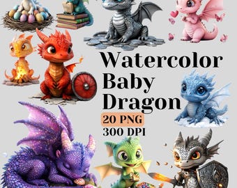 Watercolor Baby Dragon Clipart, Cute Dragon PNG Bundle, Fantasy Mystical Creatures, Adorable Baby Dragon Illustrations, Commercial Use