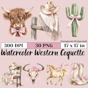 Hand Painted Watercolor Western Coquette Clipart Bundle Cowgirl PNG Cowboy Boots Hat Highland Cow Country Aesthetic Stickers Sublimation POD