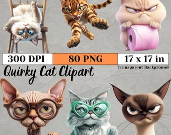 Quirky Cat Clipart PNG Funny Whimsical Kitten Graphics for Sublimation Cute Cat Illustrations Perfect for Gifts Crafts and Digital Designs