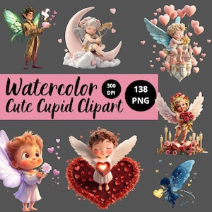 Clipart Cupidon mignon aquarelle, graphiques PNG pour la Saint-Valentin, art de l'orthographe amour adorable, petits dessins de Cupidon pour sublimation et produits à imprimer