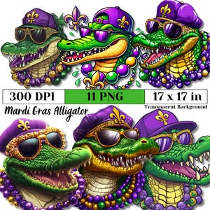 May include: Eleven digital illustrations of Mardi Gras alligators wearing purple, green, and gold beads and sunglasses. The alligators are wearing hats, including a beret, a baseball cap, and a fedora. The background is transparent.