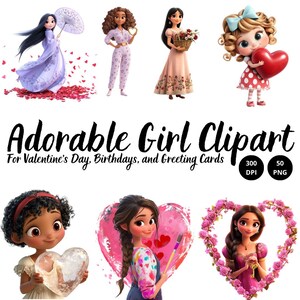 Puede incluir: Un conjunto de diez imágenes de clipart digital que presentan adorables chicas de dibujos animados con corazones y flores. Las chicas están vestidas con varios atuendos, que incluyen un vestido rosa, un vestido azul, un vestido rojo y un vestido blanco. Las imágenes son perfectas para el Día de San Valentín, cumpleaños y tarjetas de felicitación.