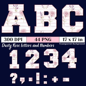 Alfabeto en acuarela rosa polvorienta, imágenes prediseñadas, letras y números florales PNG, iniciales decorativas para invitaciones de sublimación y proyectos de manualidades de bricolaje