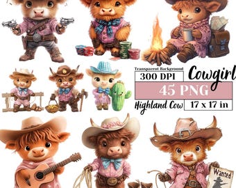 Jolie vache Highland Coquette Cowgirl PNG Western Clipart rose noeud coucou esthétique téléchargement numérique ferme country rodeo vintage Pastel