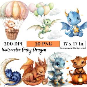 Watercolor Baby Dragon Clipart Bundle Cute Fantasy Dragon PNG for Nursery Art Sublimation Kids Room Decor Stickers Print on Demand