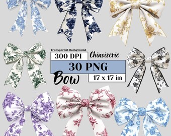 Toile Chinoiserie Bow PNG Coquette Clipart Black Pink Green Blue Floral Grandmillennial Retro Trendy Design Aesthetic Digital Sublimation