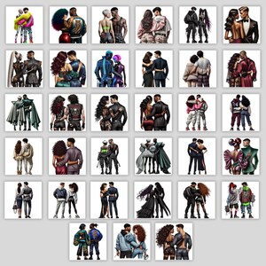 Puede incluir: Un collage de 25 ilustraciones que representan parejas en diferentes poses y atuendos. Las parejas est&aacute;n todas vestidas con diferentes estilos, desde casual hasta formal, y se muestran en una variedad de entornos. Las ilustraciones est&aacute;n todas hechas en un estilo realista y presentan una variedad de colores y texturas.