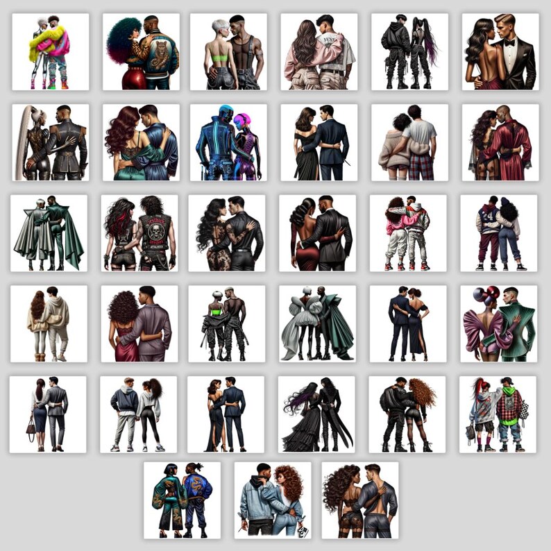 Puede incluir: Un collage de 25 ilustraciones que representan parejas en diferentes poses y atuendos. Las parejas est&aacute;n todas vestidas con diferentes estilos, desde casual hasta formal, y se muestran en una variedad de entornos. Las ilustraciones est&aacute;n todas hechas en un estilo realista y presentan una variedad de colores y texturas.