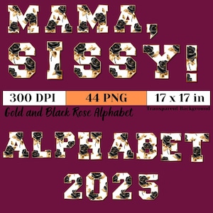 Alfabeto con rosas doradas y negras, conjunto de letras y números florales, PNG elegante para manualidades, invitaciones, sublimación y diseños digitales