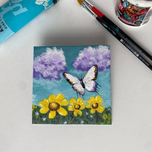Pintura acrílica sobre tela pequena l Paz original pintada à mão no lago l 4x4'' l Presente para ela l Pequena decoração de parede l Lindo cartão-presente