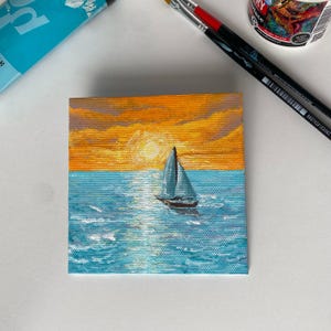 Pintura acrílica em mini tela l Pôr do sol e mar original pintado à mão l 4x4'' l Presente para ela l Pequena decoração de parede l Lindo cartão de presente
