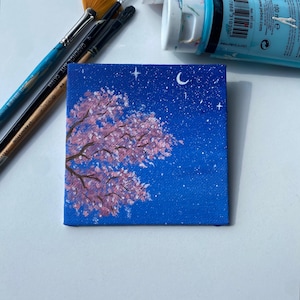 Mini Moonlit Blossom Painting: Acrylic on Canvas, 4x4&#39;&#39; Night Sky Art