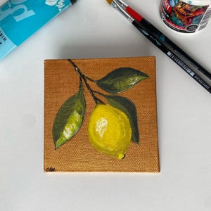 Pintura acrílica sobre lienzo en miniatura l Rama de limón original pintada a mano l 4x4'' l Regalo para ella l Pequeña decoración de pared l Regalo para mamá