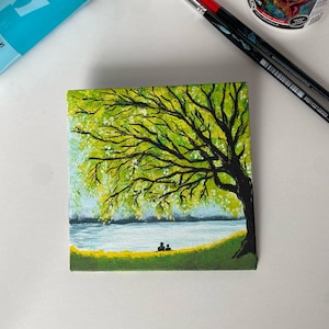 Dipinto acrilico su mini tela l Dipinto originale a mano "Pace sul lago" l 4x4'' l Regalo per lei l Piccola decorazione da parete l Grazioso biglietto d'auguri