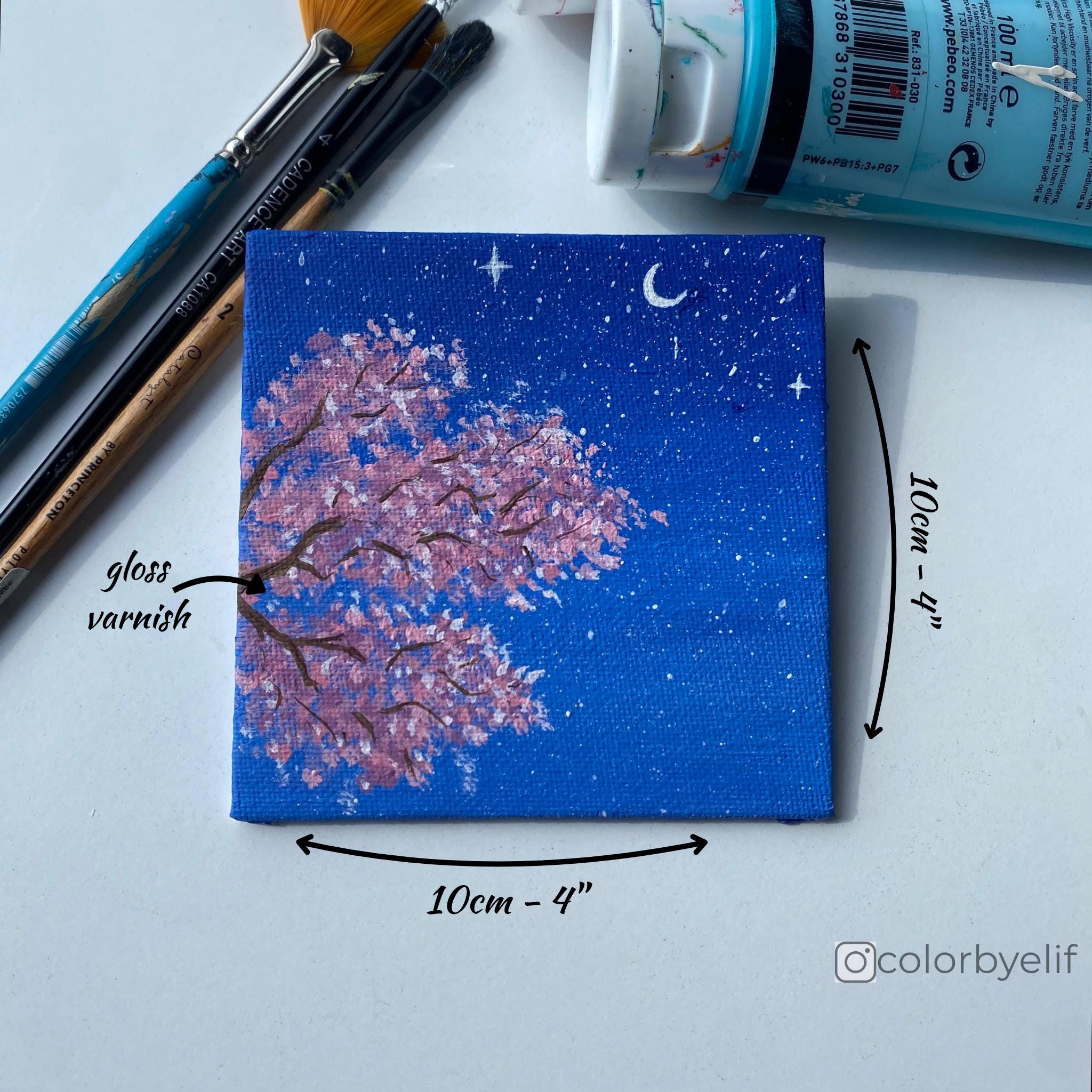 Mini Moonlit Blossom Painting: Acrylic on Canvas, 4x4'' Night Sky