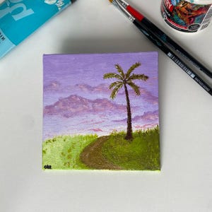 Pintura acrílica sobre lienzo en miniatura l Palmera original pintada a mano l 4x4'' l Regalo para ella l Decoración de pared pequeña l Linda tarjeta de regalo