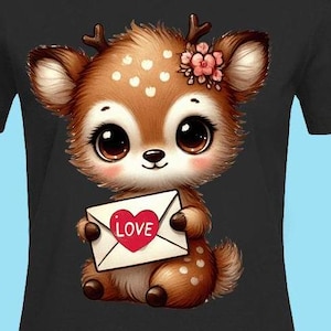Lindo cervatillo sosteniendo una carta de amor: diseño de camiseta y sudadera para el día de San Valentín, clipart de animales románticos para imprimir a pedido