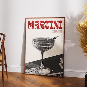 Martini Print Cocktail Retro Poster, Alcohol Poster Bar Cart Prints, Kitchen Wall Decor Psychedelic Wall Art, Stylish Printable Red Wall Art