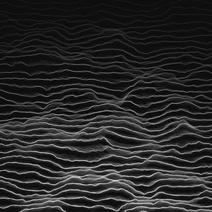 May include: Abstract black and white image with a wavy, layered pattern. The design features numerous horizontal lines that undulate across the frame, creating a textured, topographic effect. The lines vary in thickness and brightness, adding depth.
