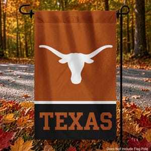 May include: A rectangular garden flag featuring a burnt orange background with a white longhorn steer silhouette centered in the upper portion. A horizontal white stripe separates the orange section from a black base with the word TEXAS in orange.