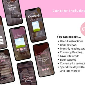 May include: A collection of smartphone screens displaying templates for social media content. The templates feature pink and white designs with text such as "Currently Reading" and "Coming Soon". The image also includes a list of content topics.