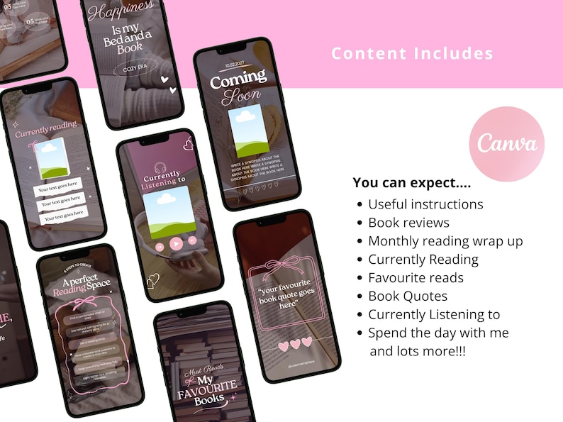 May include: A collection of smartphone screens displaying templates for social media content. The templates feature pink and white designs with text such as "Currently Reading" and "Coming Soon". The image also includes a list of content topics.