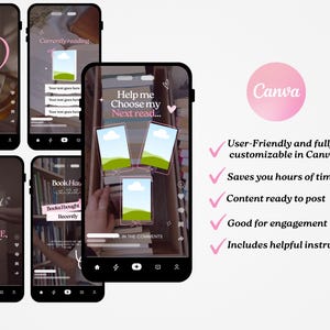 May include: A collection of smartphone screen mockups with book-themed social media templates. The templates include text overlays such as "The perfect morning", "Currently reading", and "Help me choose my next read". A pink Canva logo is also visible.
