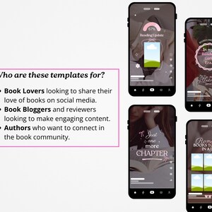 May include: Smartphone templates for book lovers, bloggers, and authors. The templates feature designs with text like "Reading Update," "In my Reader Girl Era," and "Just one more chapter." The templates are designed to be shared on social media.
