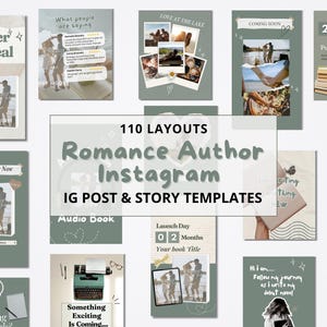 110 Green Romance Author Instagram Template Bundle editable Canva Template Writer romance Author marketing Bookstagram book launch