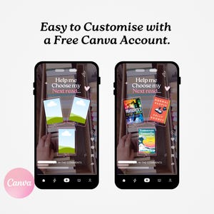 May include: Two smartphone screens displaying a book recommendation template. The text "Easy to Customize with a Free Canva Account" is at the top. The screens show book covers and the text "Help me Choose my Next read..." with a pink Canva logo.