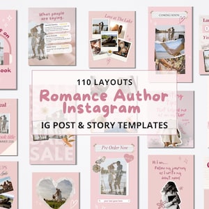 May include: A collection of pink Instagram templates for romance authors, featuring various layouts for posts and stories. The templates include text overlays like "Available on Audio Book," "Cover Reveal," and "Coming Soon," with images of couples and hearts.