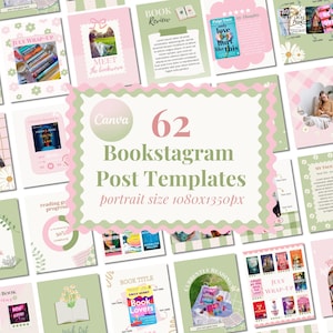 May include: 62 Instagram post templates for bookstagram featuring a variety of designs with pink and green color schemes. The templates are portrait-oriented and measure 1080x1350 pixels.