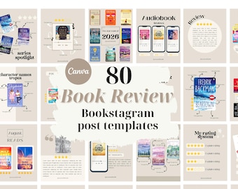 80 Bookstagram book review templates,  aesthetic Instagram canva templates. For book bloggers authors book promo book lovers.