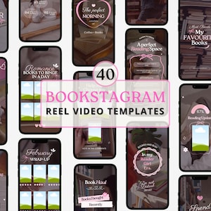 May include: A collection of 40 Bookstagram reel video templates displayed on smartphones. The templates feature various designs with text like "one more chapter," "The perfect morning," and "My favourite books." The color scheme is primarily pink and white.