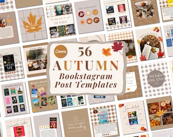 May include: A collection of 56 autumn-themed Bookstagram post templates. The templates feature fall colors, book covers, and text such as "Autumn," "Fall Checklist," and "The Great Alone." The Canva templates are designed for social media.