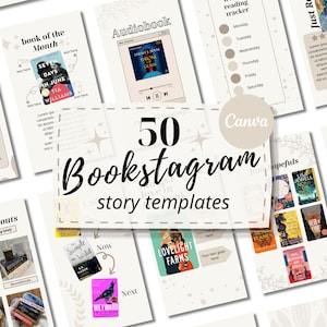 May include: A collection of 50 Instagram story templates for bookstagrammers. The templates feature a variety of designs, including book covers, quotes, and reading trackers. The templates are designed to help bookstagrammers create engaging and visually appealing content for their followers.