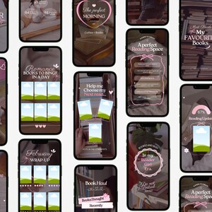 May include: A collection of smartphones displaying various social media templates with a pink and white color scheme. The templates feature text about books, reading, and book recommendations. The phones are arranged in a grid.