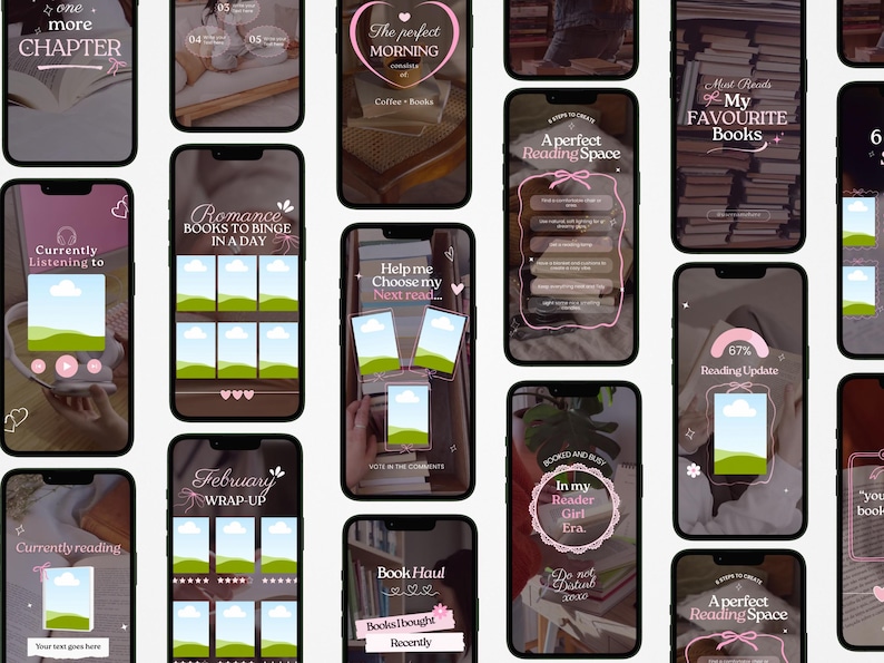 May include: A collection of smartphones displaying various social media templates with a pink and white color scheme. The templates feature text about books, reading, and book recommendations. The phones are arranged in a grid.